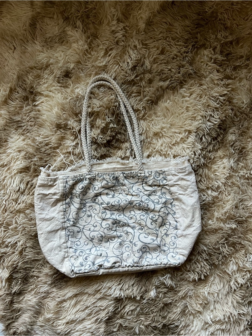 Cream Tote Bag with Decorative Swirl Print